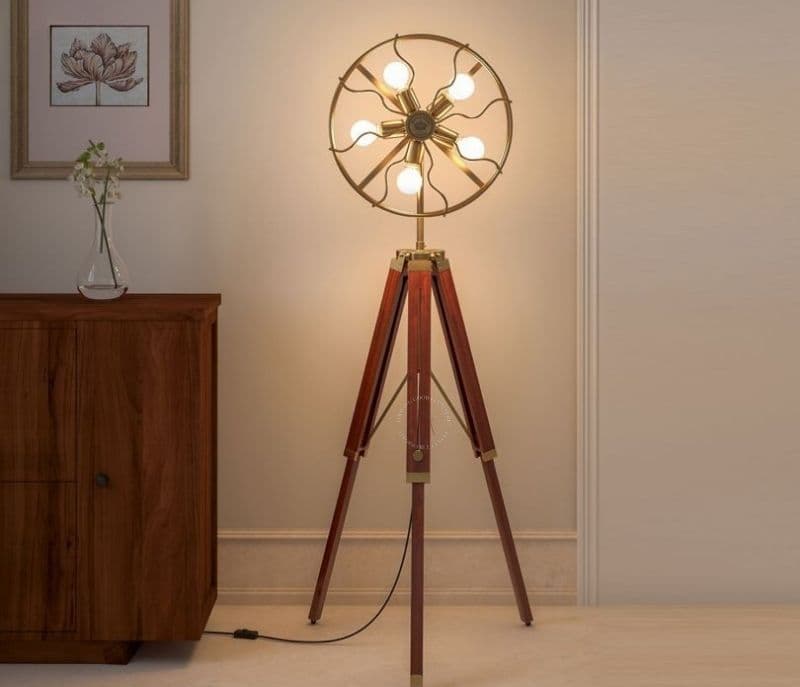 Henley Brown Colour Wooden Antique Brass Adjustable Tripod Floor Lamp