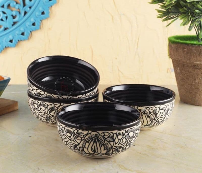 Kalamkari Ceramic Ramen Bowls Set of 4