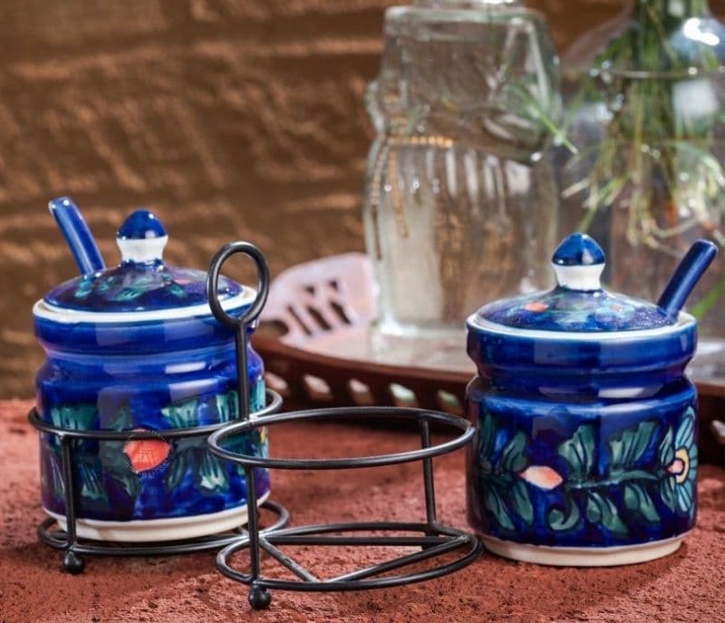 Image 3 for Sawyer Blue Colour Ceramic Jar Set with Iron Stand and 2 Spoons
