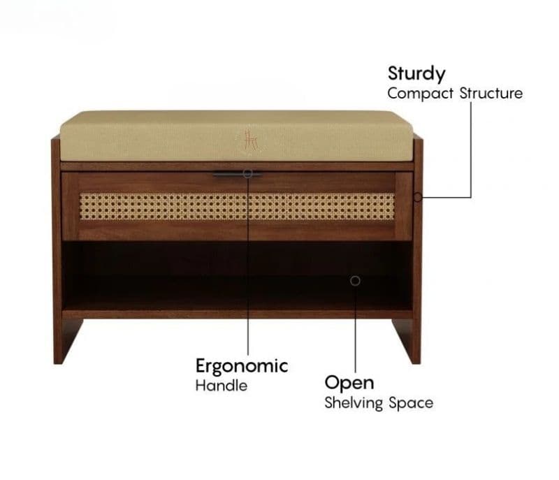 Image 3 for Fatima Premium Solid Wood Shoe Rack With Removable Cushioned Seat, Drawer Storage & Cane Detailing