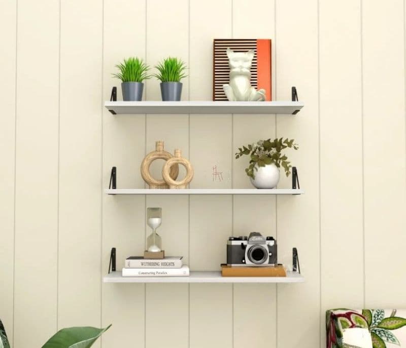 Camilla Wall Shelf With Bracket, Modern Wood & Metal Wall Mounted Shelves For Living Room/Bedroom/Bathroom/Outdoor - Set of 3