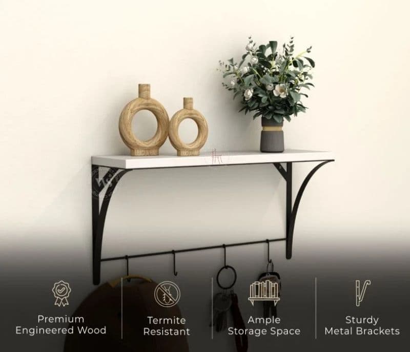 Image 2 for Ailani Wooden Wall Mounted Shelf With 4 Hanging Metal Hooks, Multipurpose Wall Shelf For Living Room/Bedroom