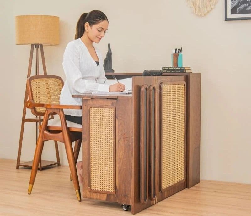 Image 4 for Louisa Premium Solid Wood Convertible Study Table With Hidden Storage, Cane & Brass Accents