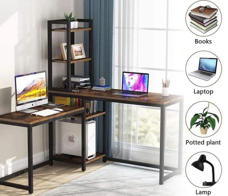 Image 2 for Penny Brown L-Shaped Computer Desk with Bookshelf Storage