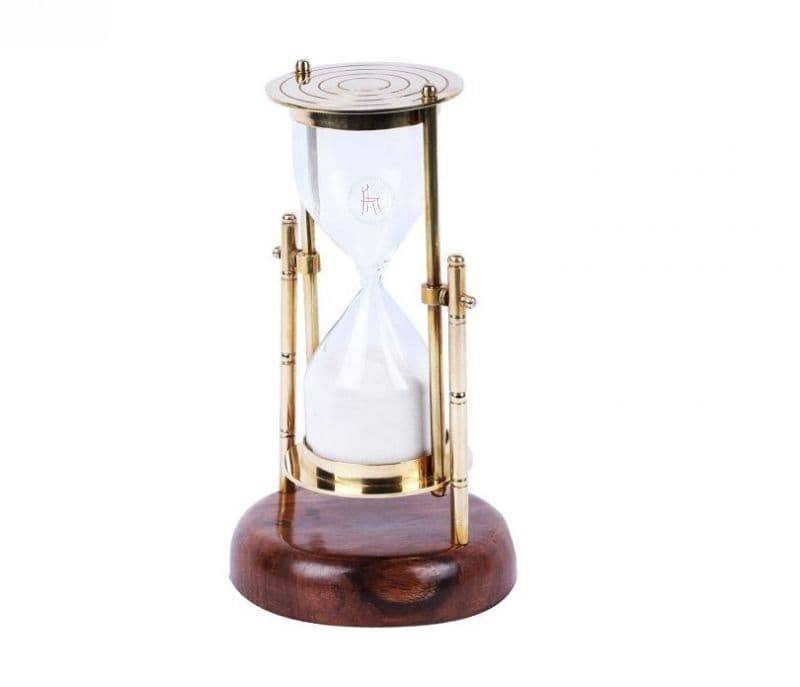Image 2 for Tatum Brass Hanging Sand Timer with Round Wooden Stand