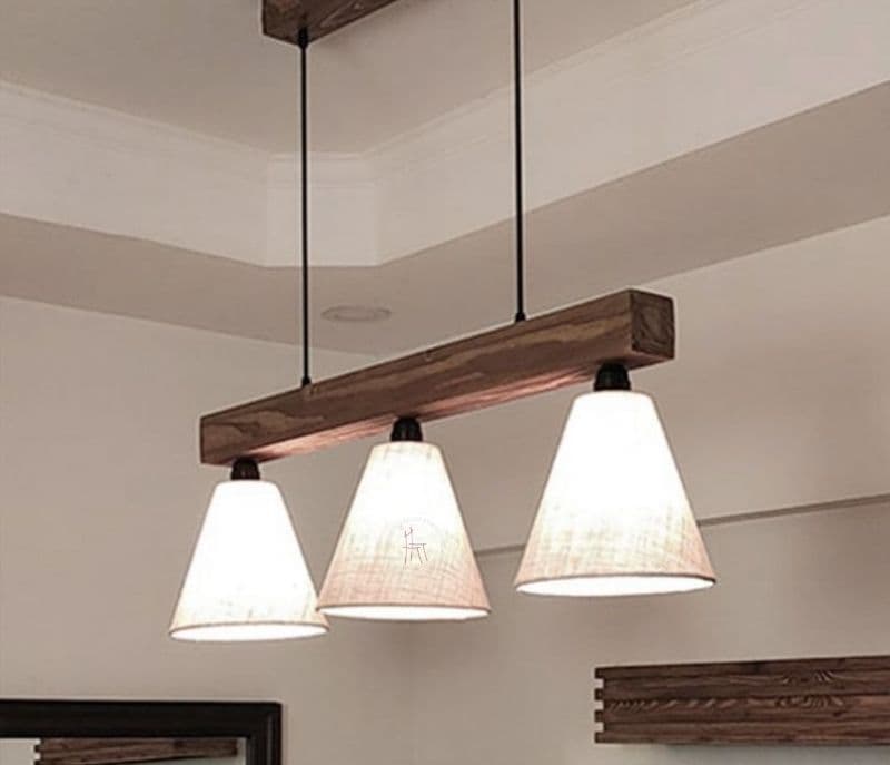 Image 2 for Kira Beige Fabric Brown Wooden Series Hanging Light