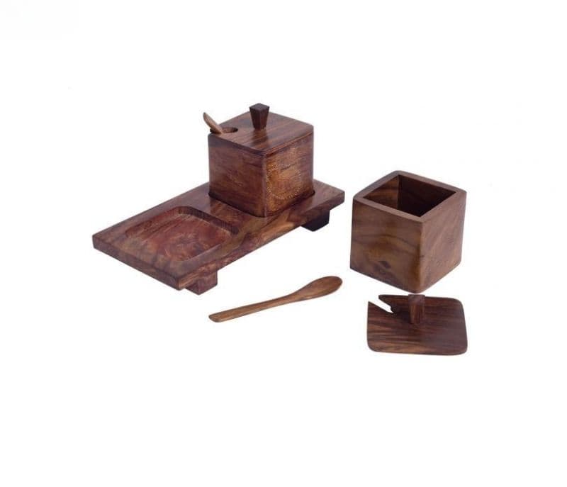 Image 3 for Amari Set of 2 Handcarved Wooden Jars with Spoon and Tray