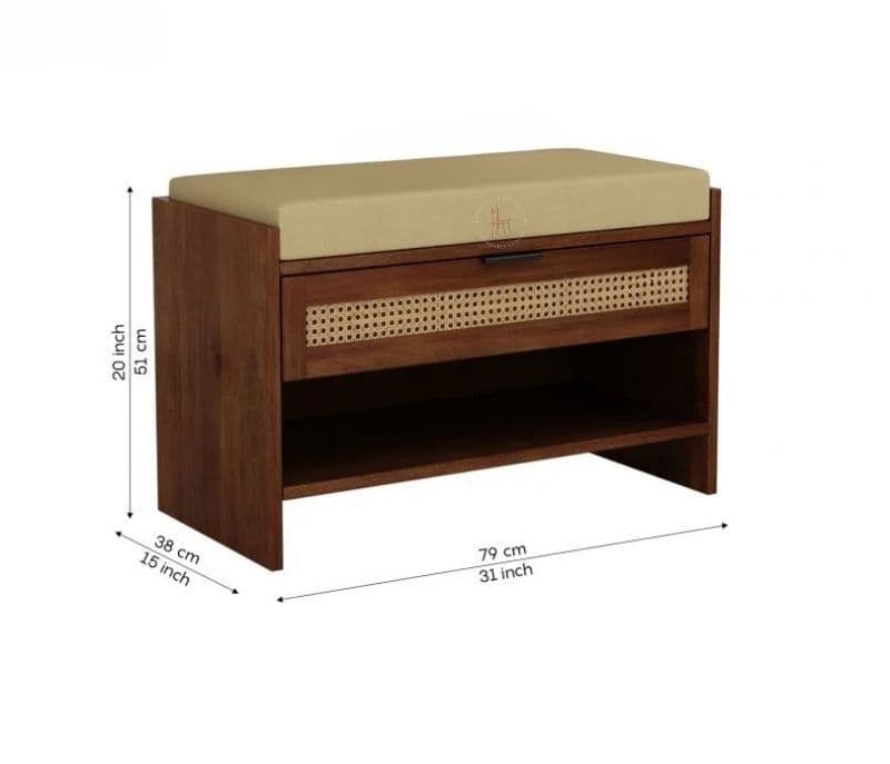 Image 5 for Fatima Premium Solid Wood Shoe Rack With Removable Cushioned Seat, Drawer Storage & Cane Detailing