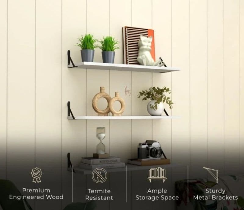 Image 4 for Camilla Wall Shelf With Bracket, Modern Wood & Metal Wall Mounted Shelves For Living Room/Bedroom/Bathroom/Outdoor - Set of 3