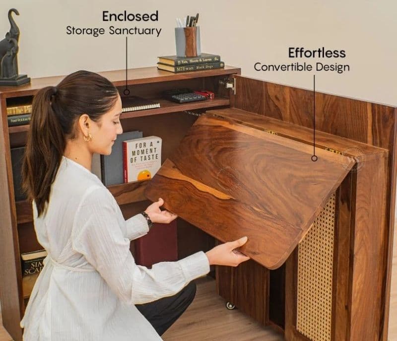 Image 5 for Louisa Premium Solid Wood Convertible Study Table With Hidden Storage, Cane & Brass Accents