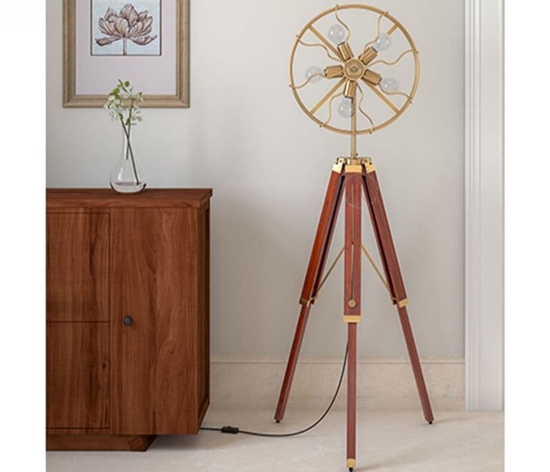 Image 3 for Henley Brown Colour Wooden Antique Brass Adjustable Tripod Floor Lamp