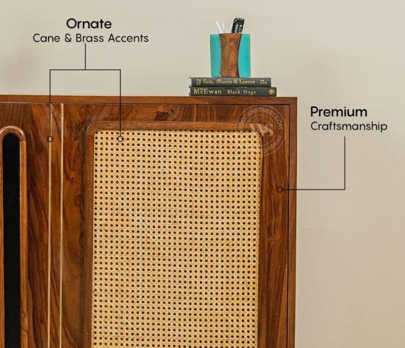 Image 9 for Louisa Premium Solid Wood Convertible Study Table With Hidden Storage, Cane & Brass Accents