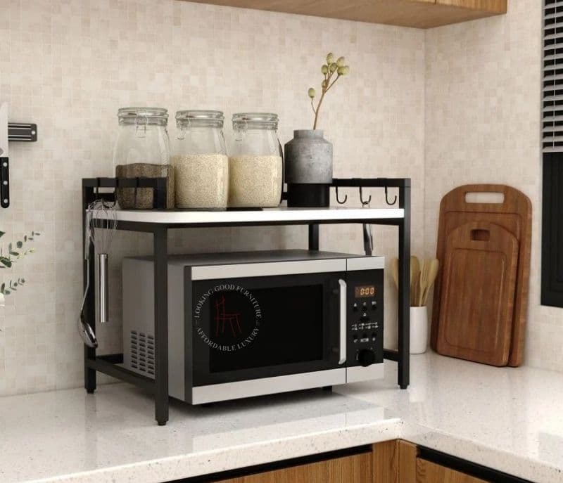 Skye Engineered Wood Microwave Stand With Kitchen Organizer Storage & Metal Hooks