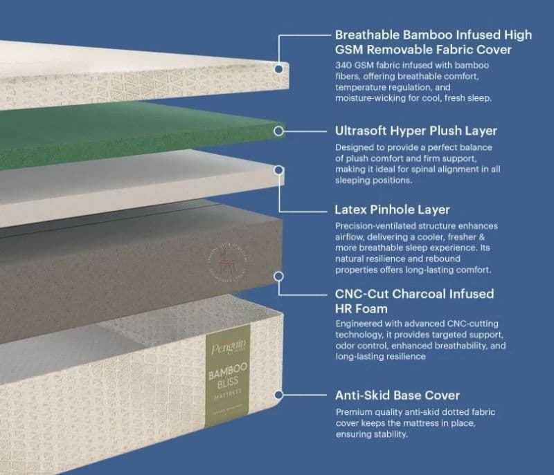 Image 8 for Estrella Bamboo Bliss Latex Mattress 10 Years Warranty Soft Feel Latex Pinhole Layer 7 Zone CNC-Cut Charcoal Infused HR Foam