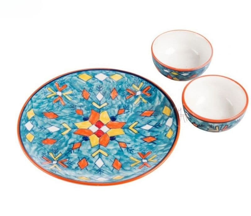 Image 5 for Hand Painted Ceramic Dinner Plate with 2 Bowls
