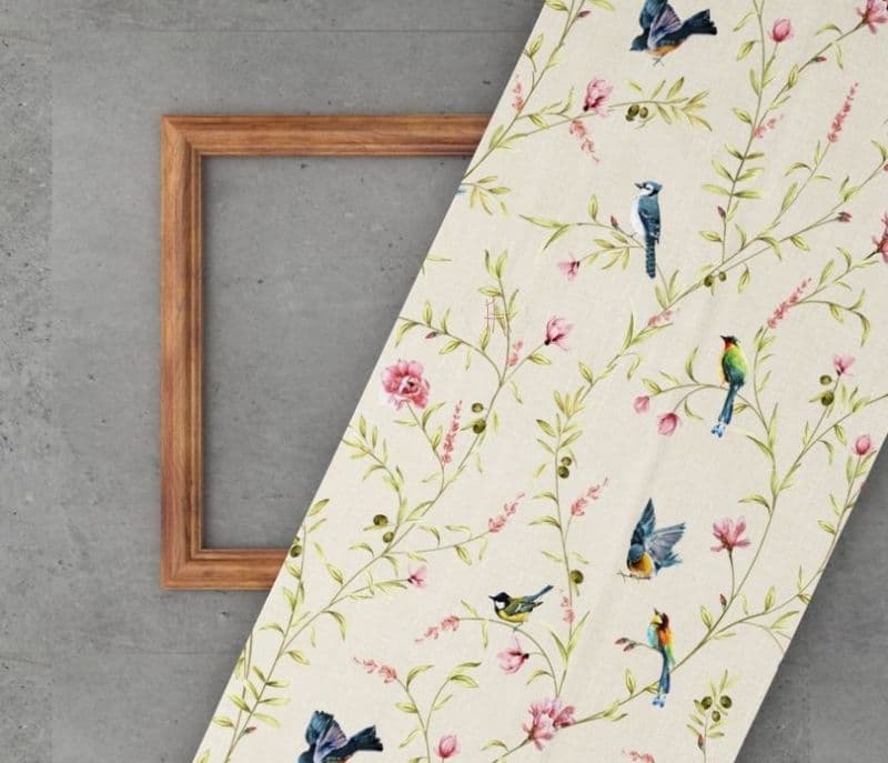 Faye Cream Robins Floral Bird Print 100% Cotton Fabric