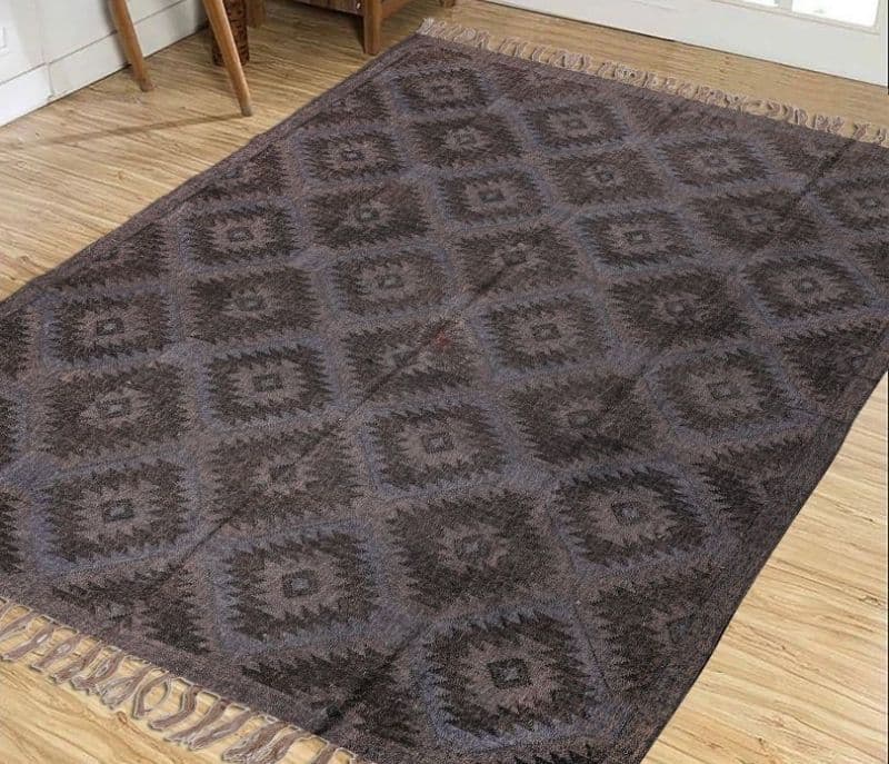 Lillian Black and Blue Hand-woven Jute and Wool 8 x 10 Feet Geometric Pattern Dhurrie Carpets