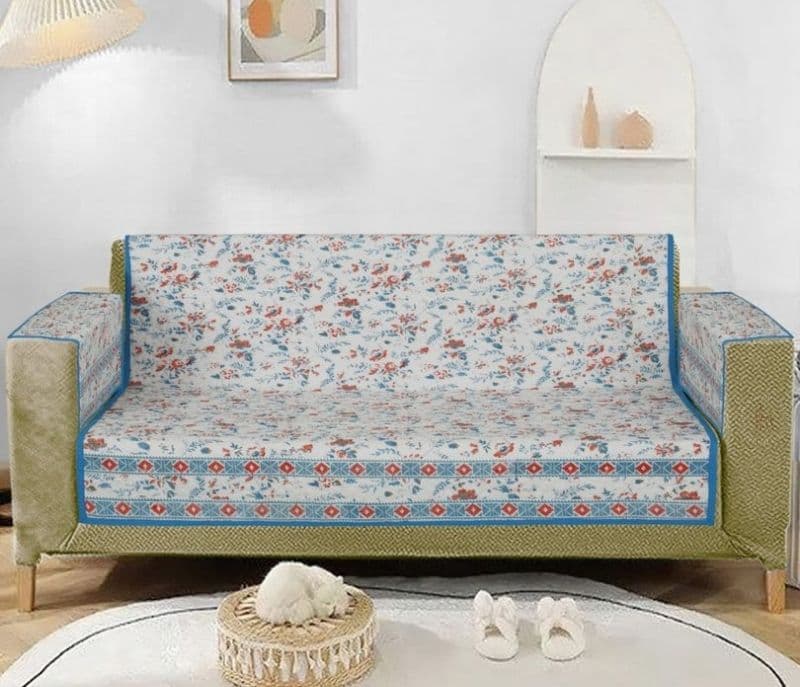 Camila Pattern Cotton Sofa Cover 2 Seater (Blue)