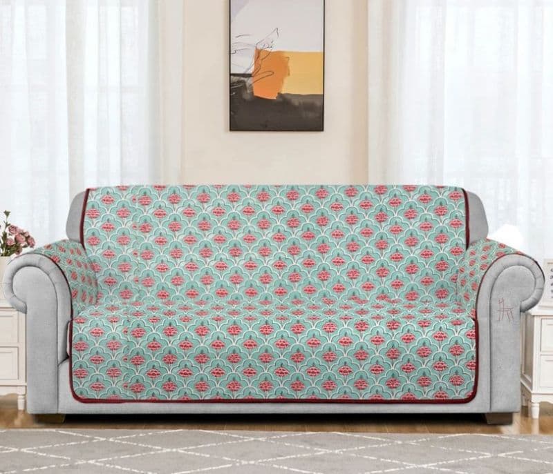 Amina White and Blue Screen Print Quilted 3 Seater Sofa Cover