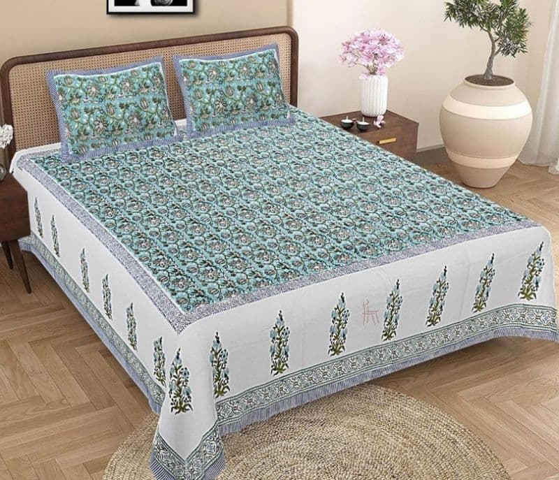 Esmeralda Pure Cotton Hand Block Printed Queen Size Bedsheet With 2 Pillow covers
