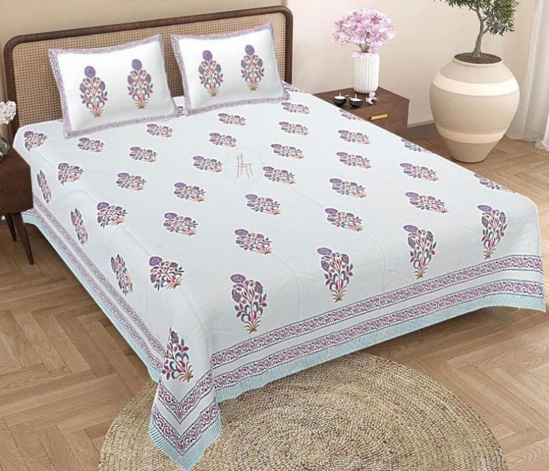 Lauren Pure Cotton Hand Block Printed Queen Size Bedsheet With 2 Pillow covers