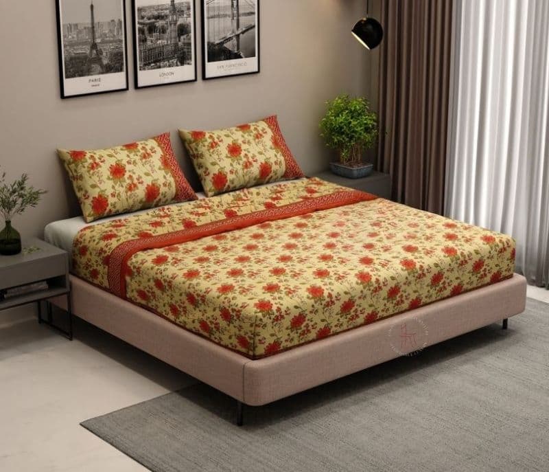 Elora 120 TC Floral Jaipuri Printed Cotton Double Bedsheet With 2 Pillow Cover