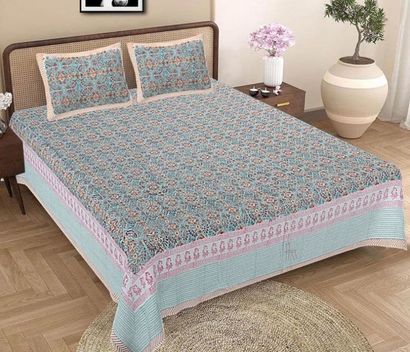 Mckenna Cotton Hand Block Printed Single Size Bedsheet With 2 Pillow covers