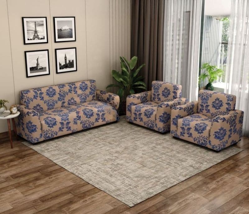 Chloe Printed Polyester Spandex 3+1+1 Sofa Cover Set (Blue)