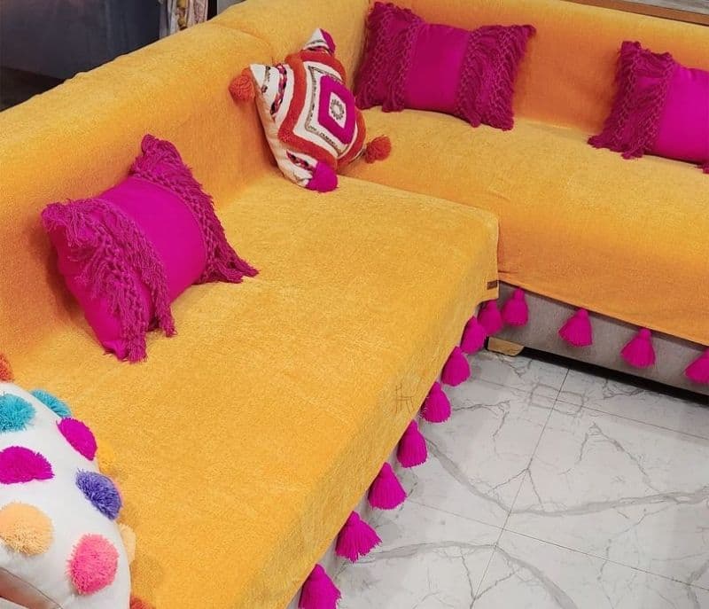 Lily  Ocher With Pink Tassels L Shape Sectional Sofa Cover Set Of 2