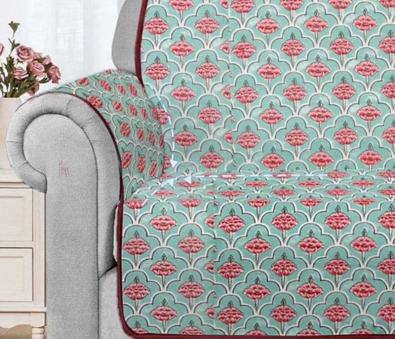 Image 5 for Amina White and Blue Screen Print Quilted 3 Seater Sofa Cover