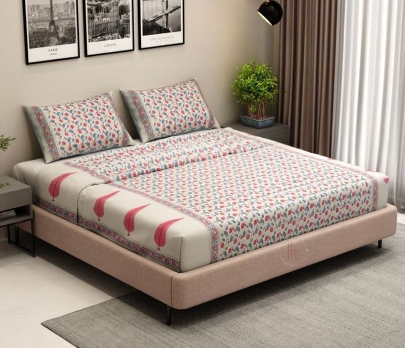 Kalani 200 TC Double Bed Sheet - Bloom Shay Cotton Bedsheet King Size With 2 Pillow Cover