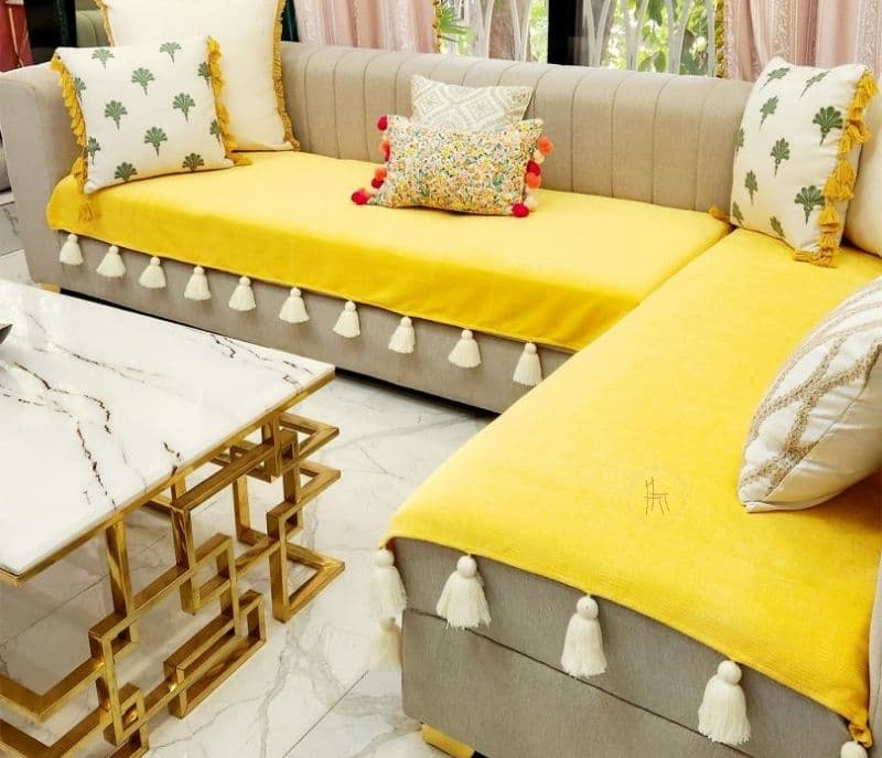Image 4 for Gianna Yellow With White Tassels Sectional L Shape Corner Sofa Cover Set Of 3