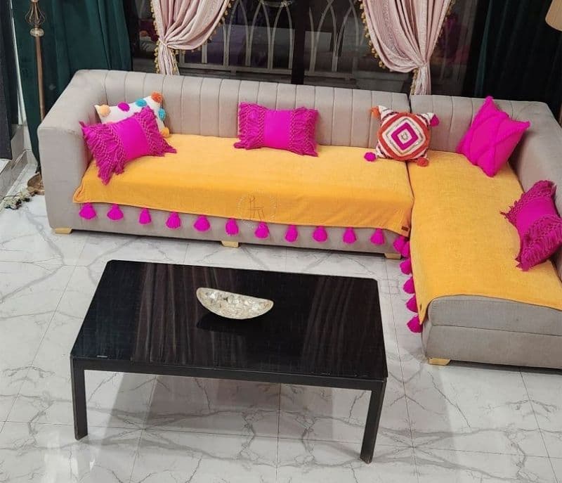 Image 2 for Lily  Ocher With Pink Tassels L Shape Sectional Sofa Cover Set Of 2