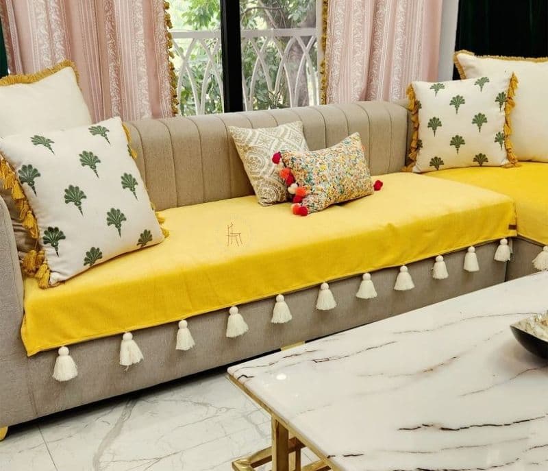 Image 3 for Gianna Yellow With White Tassels Sectional L Shape Corner Sofa Cover Set Of 3