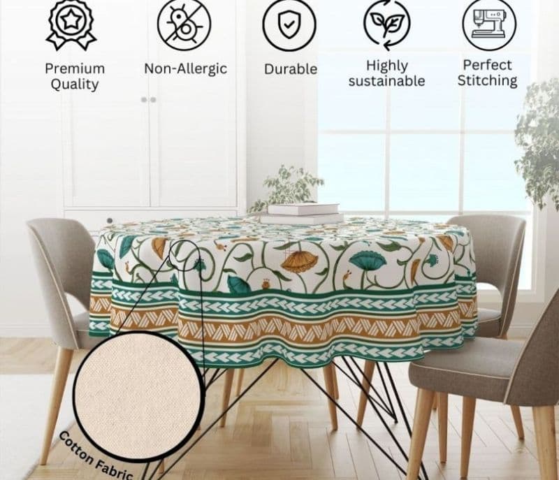 Image 3 for Winnie Green Lotus 4 Seater Cotton Round Table Cloth