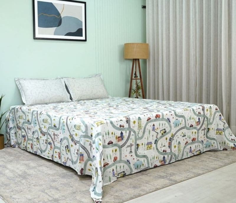 Image 3 for Harmoni Train And Town Flat Cotton Kids Bed Sheet King Size with 2 Pillow Covers