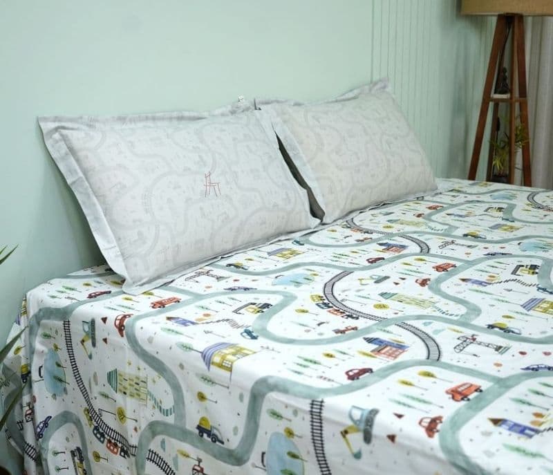 Image 12 for Harmoni Train And Town Flat Cotton Kids Bed Sheet King Size with 2 Pillow Covers