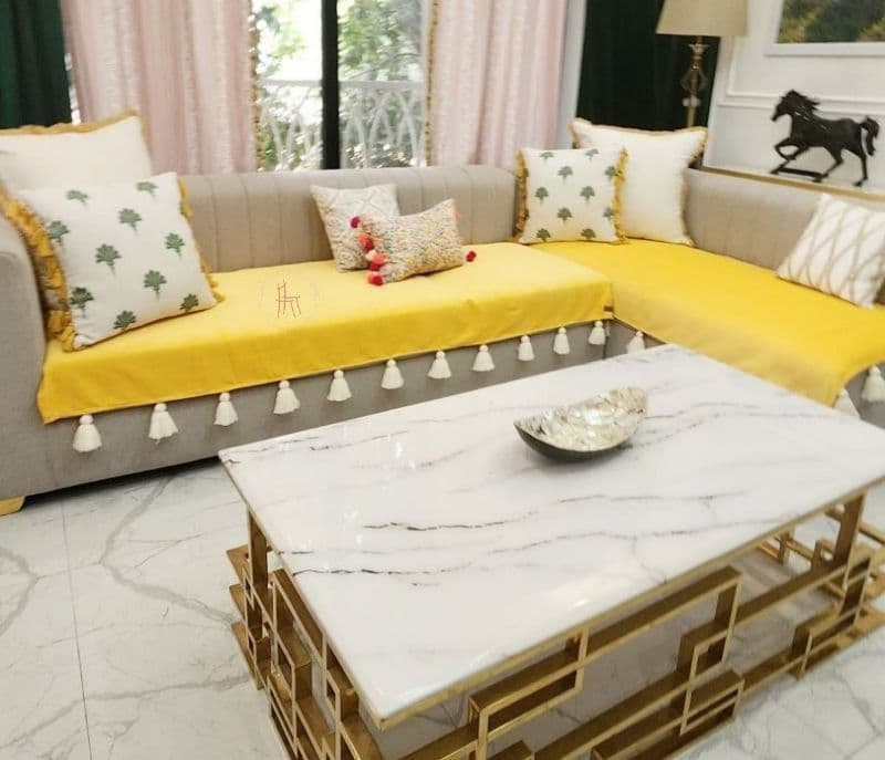 Image 2 for Gianna Yellow With White Tassels Sectional L Shape Corner Sofa Cover Set Of 3