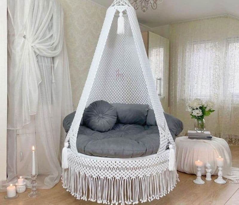 Cataleya White with Grey 40 Inch Handmade Macrame Hammock Swing Chair