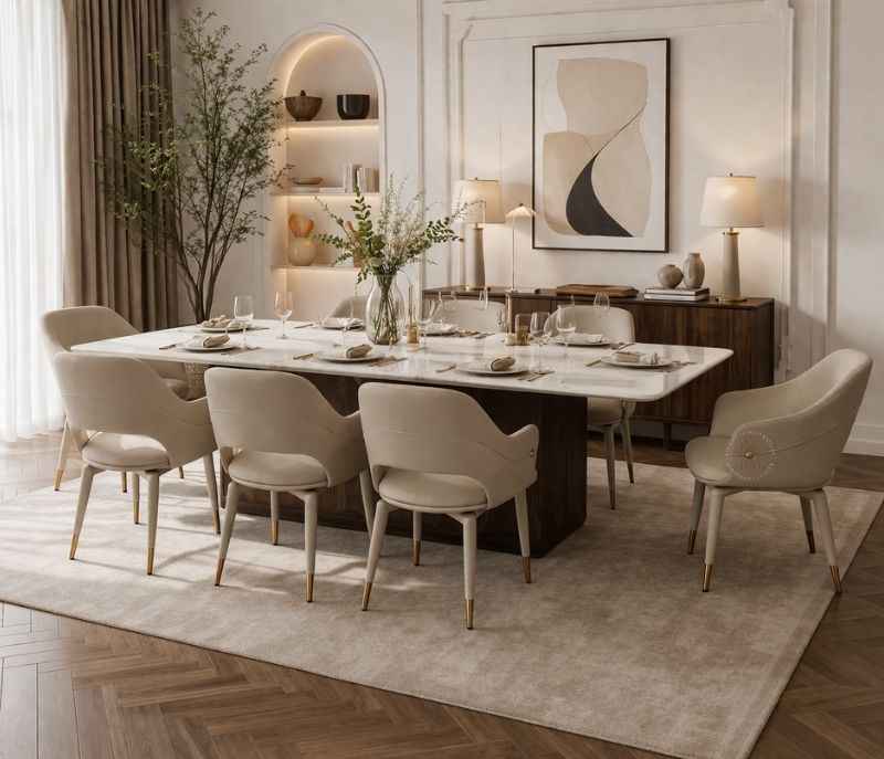 Image 2 for DINING TABLE 1088+DBH+DINING CHAIR X-16 Onyex Marble Top With Ash Wood Base And Metal Strip