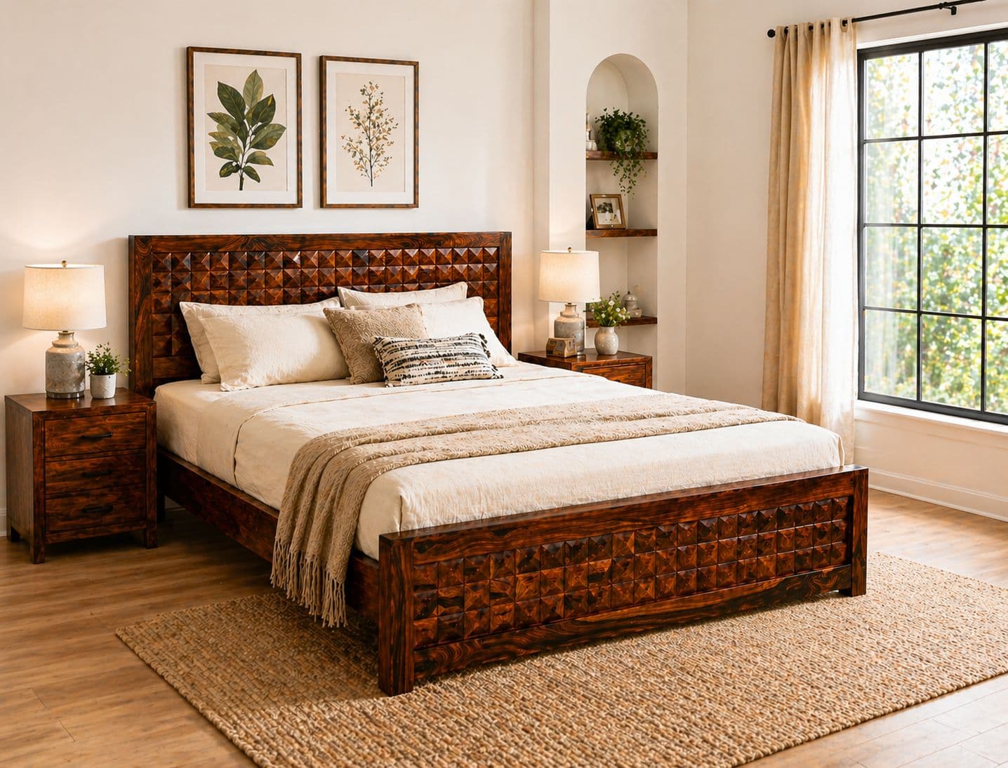 Image 1 for Diamond Cot Queen Size Without Storage Sheesham Wood Premium Solid Sheesham Wood Honey Finish