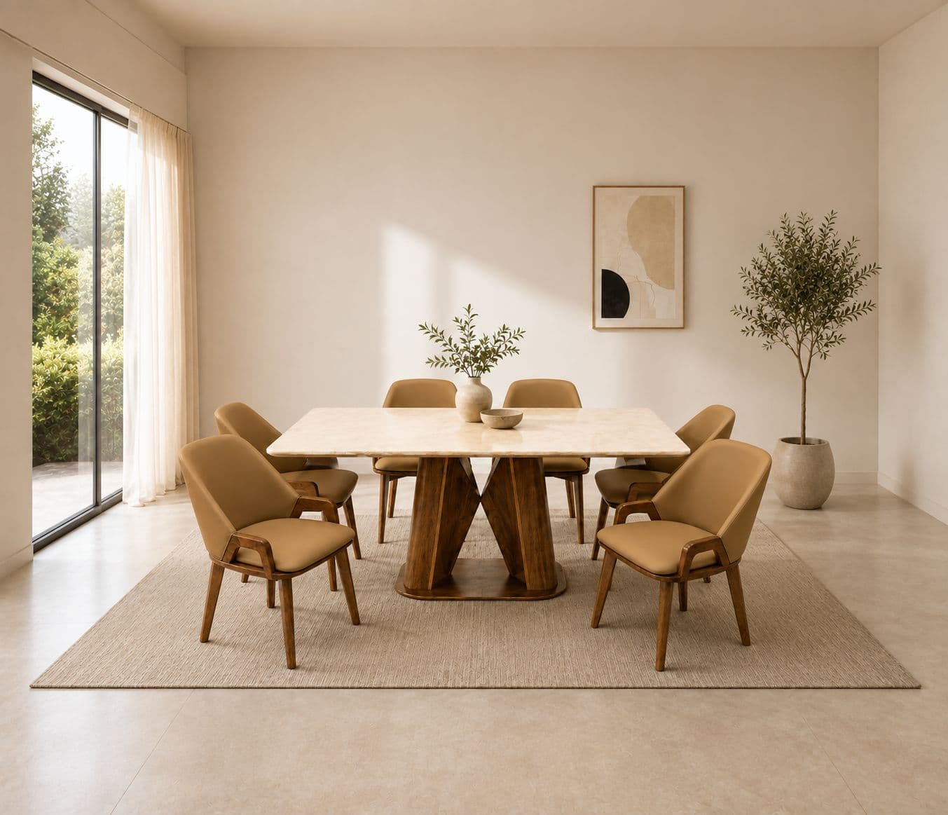 Dining Set 1+6 Seater Onyex Marble Top 1.7 + With Ash Wood Base 1096+DC2503 (HYD)