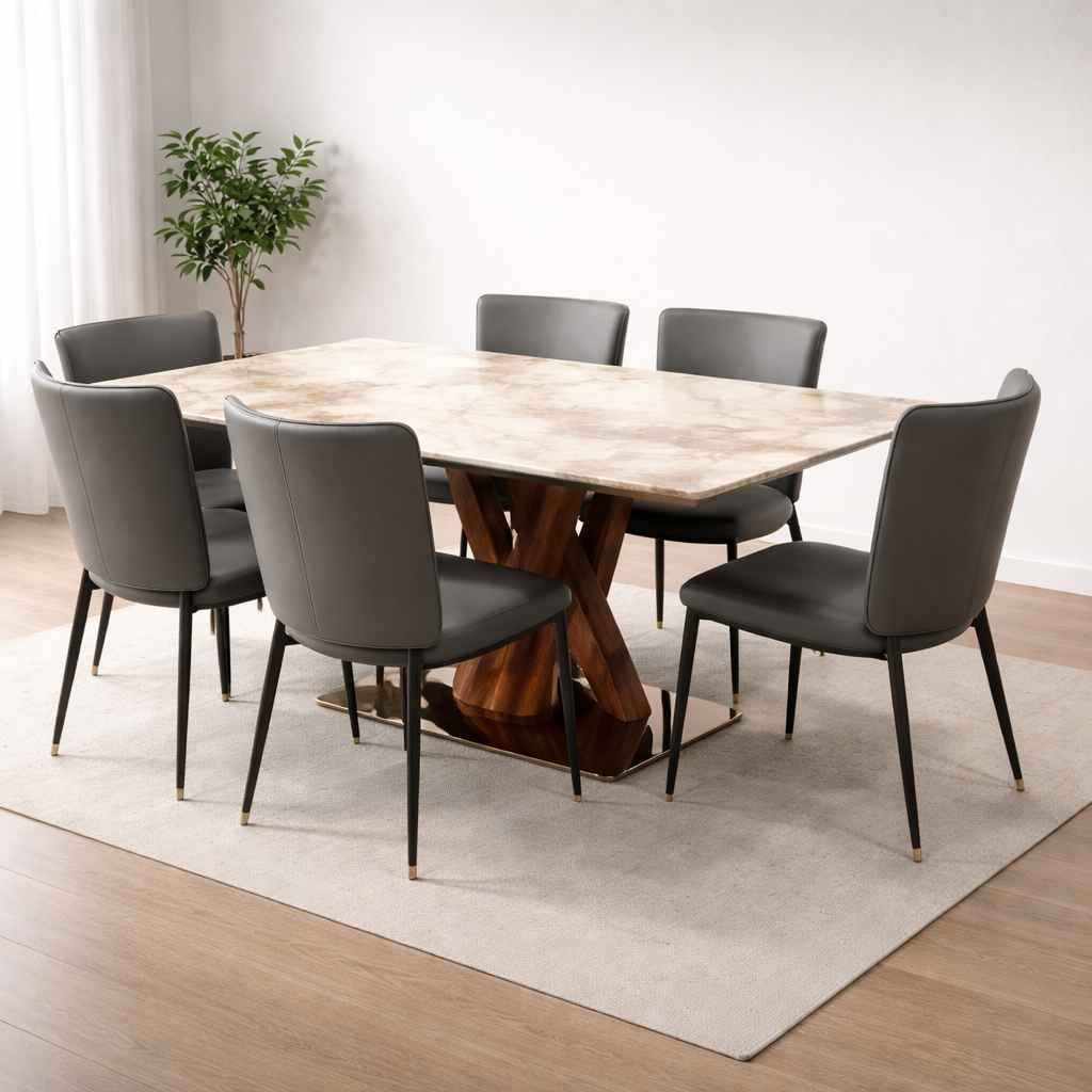 Image 1 for T63 180*90 6 Seater Marble Dining Set with Premium Leatherette Upholstery