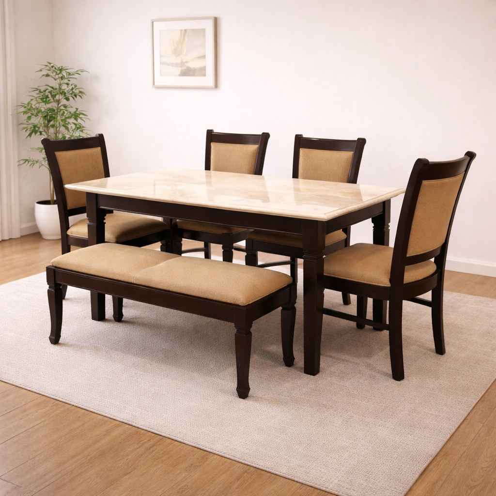 Classic 44 6 Seater Marble and Teak WoodDining Set with Bench and Preimium Fabric Upholstery (BS-BSK)