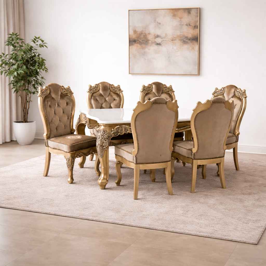 OPAL 6 Seater Marble Dining Set with Royal Metal Carving (WH) (OWD)