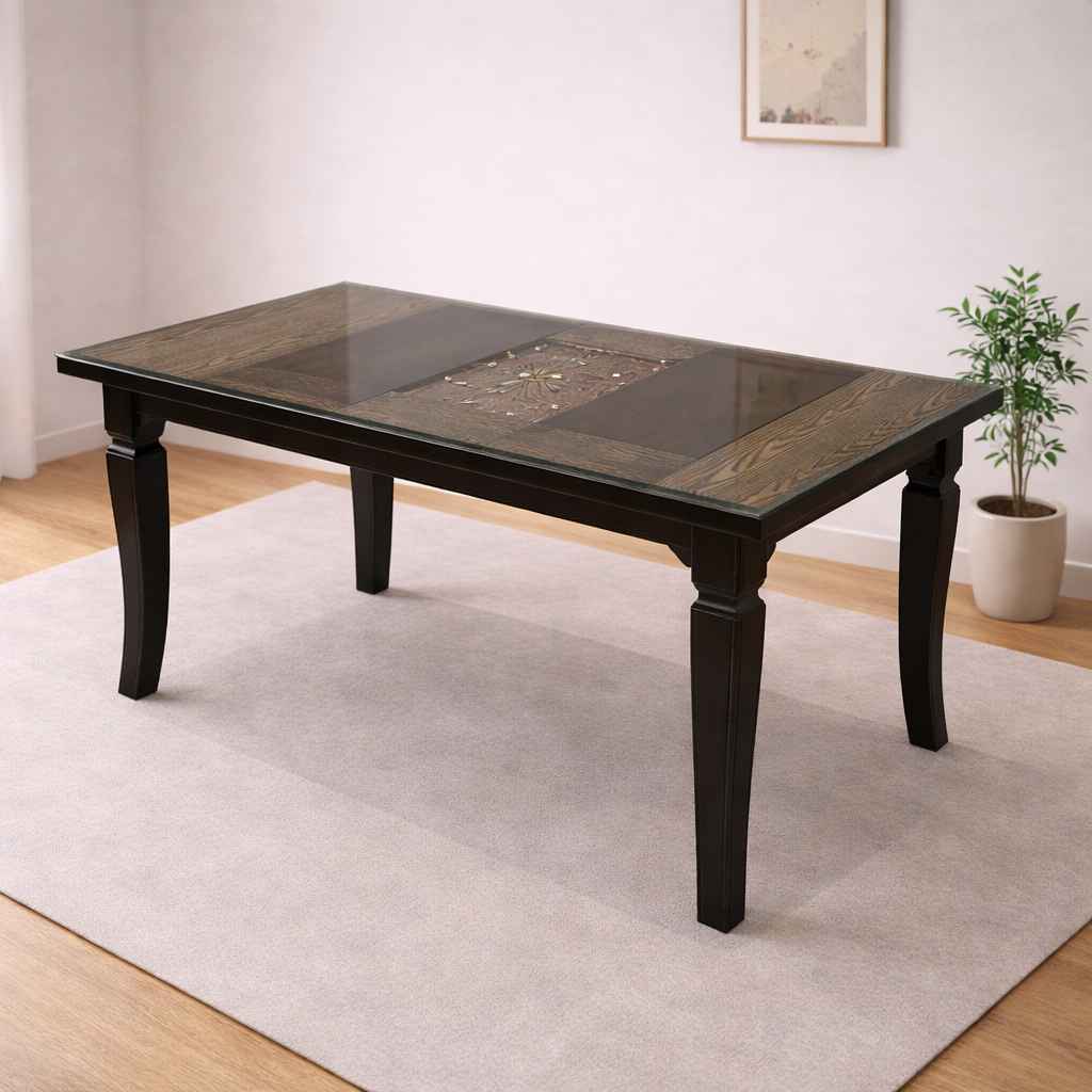 Image 1 for Damro 6 Seater Glass Dining Table with Wooden Base 5.5X3