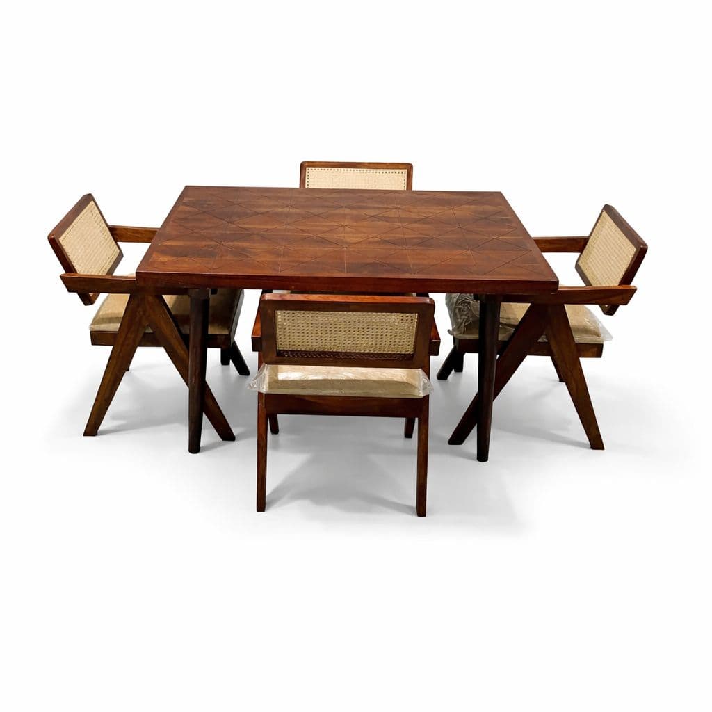 Image 4 for Roma Dining Set 1+4 Seater Sheesham Wood With Fabric Jute And Cane (HYD OTD)