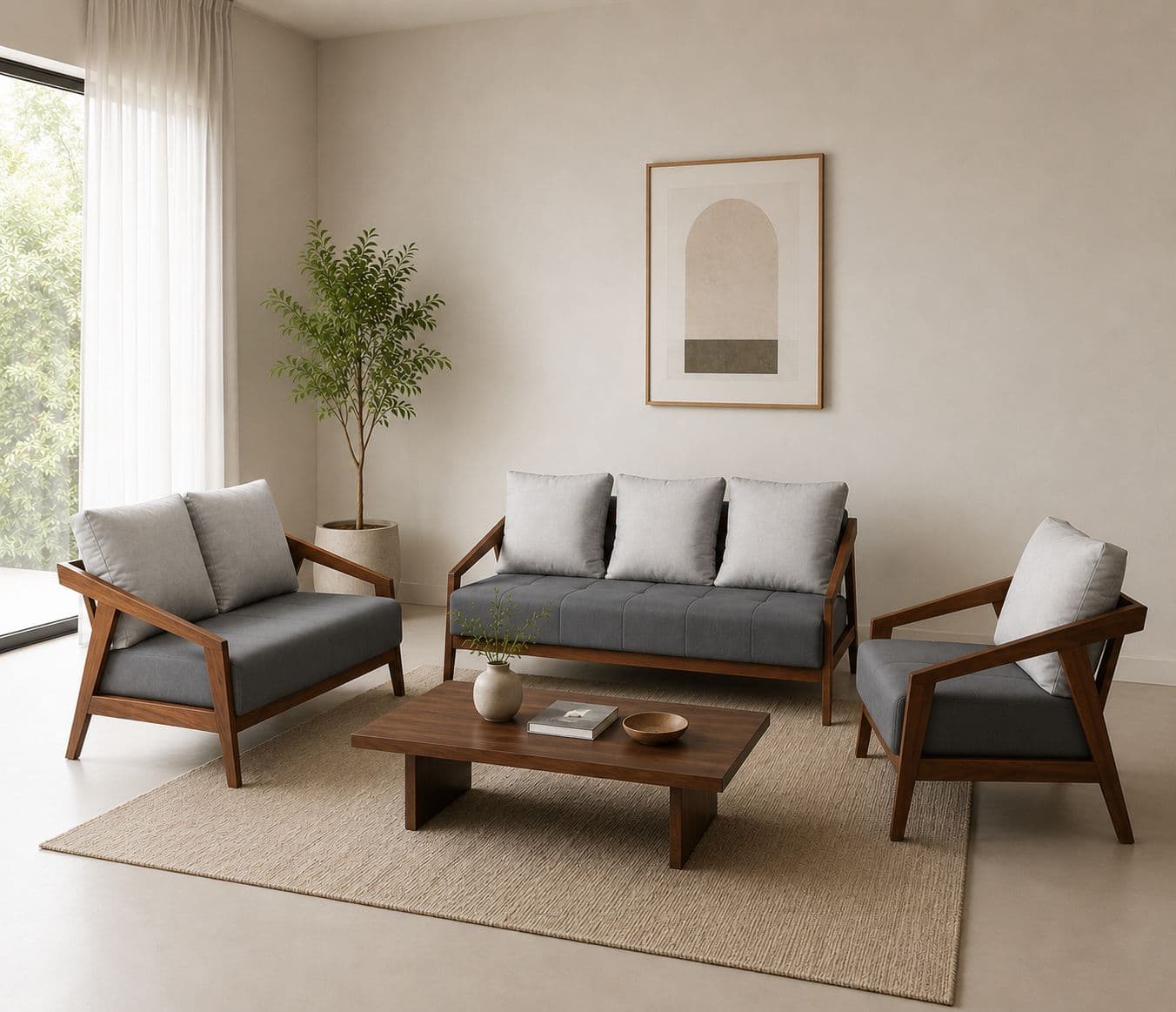 Image 1 for Ghana Teak 3+2+1 Seater Sofa Suede Fabric (HYD)(BWD)(BTM)