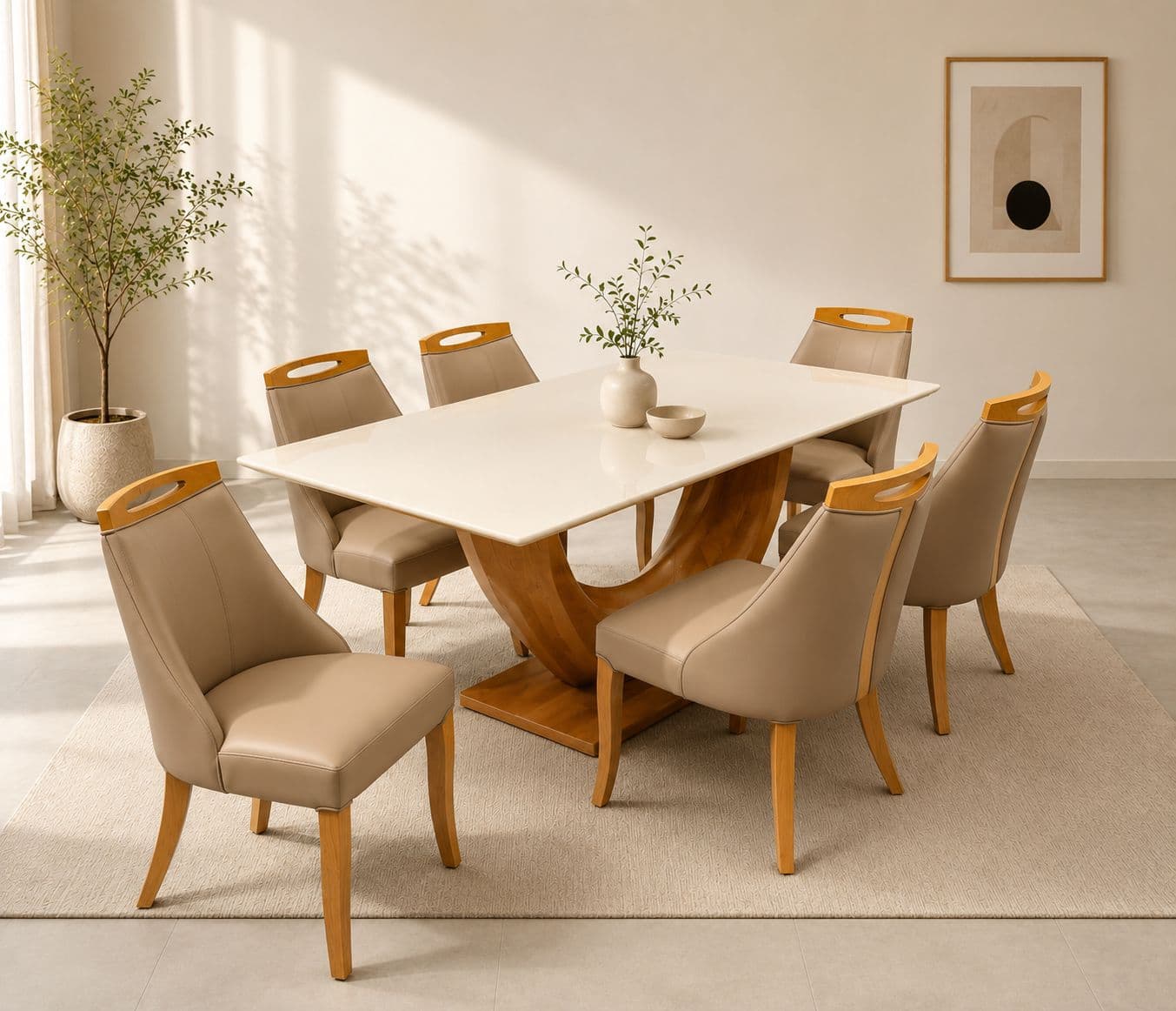 Image 1 for Sammy 6 Seater White Onyx Marble Dining Set with Premium Leatherette Upholstery (CP OTD)