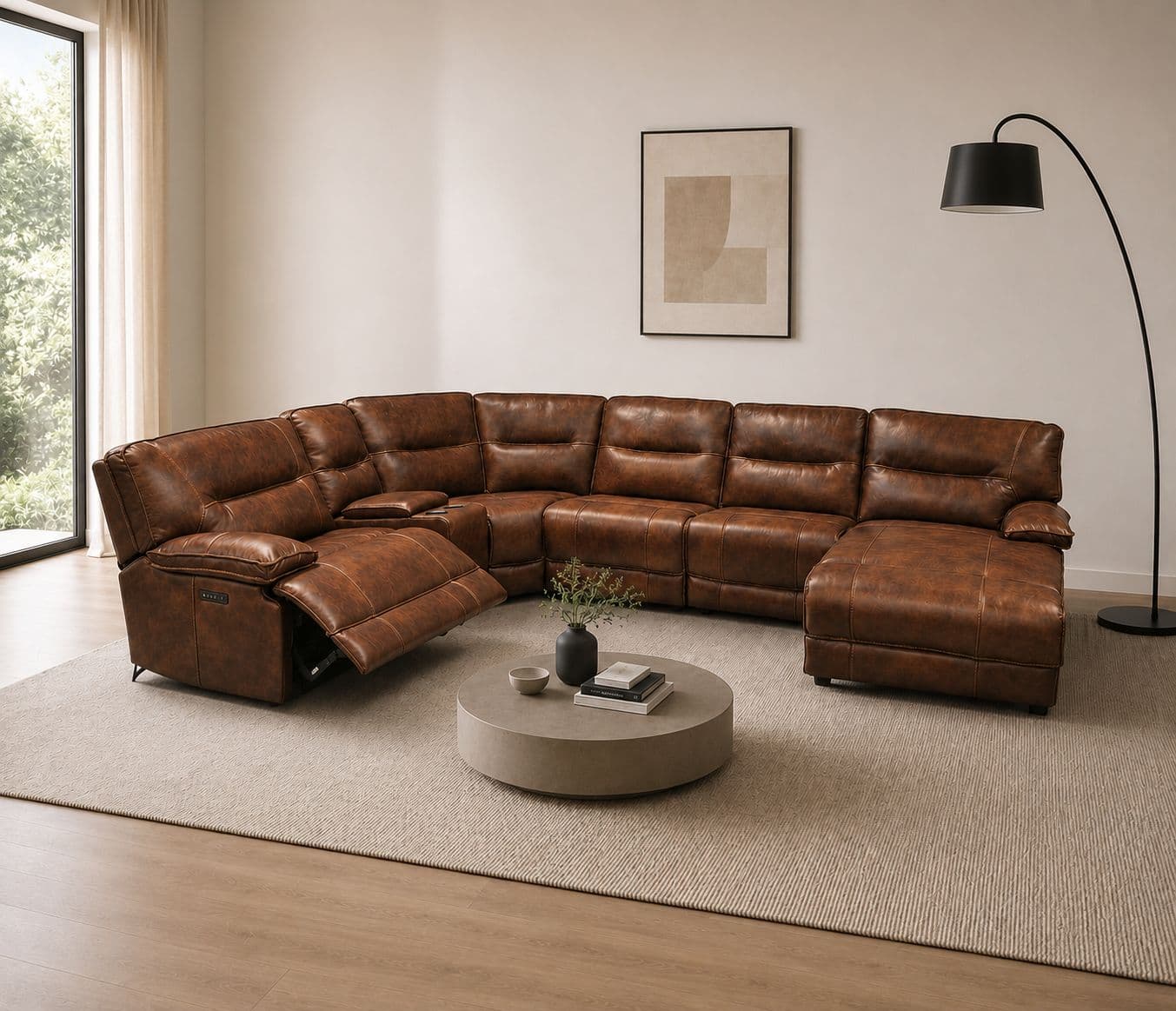 UX70048HM Laf PWR+Corner 1/4+ Armless PWR Recliner+ Armless Chair+RAF Push Back Chaise W/PHR+Staright Console +Armless Chair Body Touch Leather (CP)